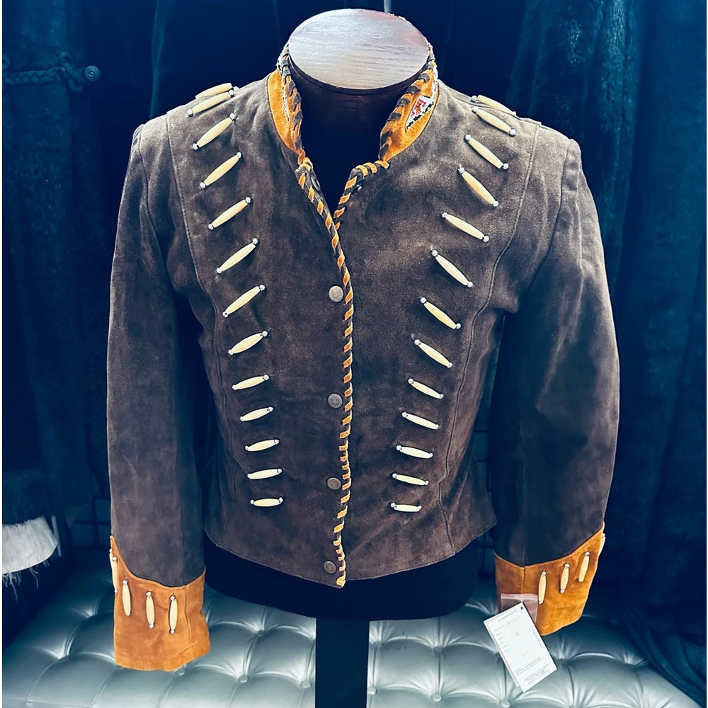 3B West by Tansmith Vintage Suede Leather Jacket w/ Beaded Collar and Bone Beads