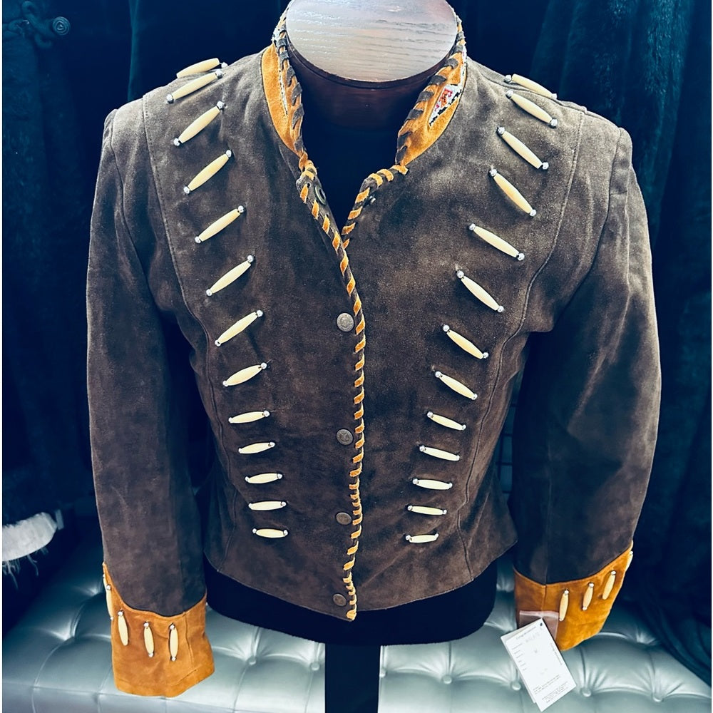 3B West by Tansmith Vintage Suede Leather Jacket w/ Beaded Collar and Bone Beads