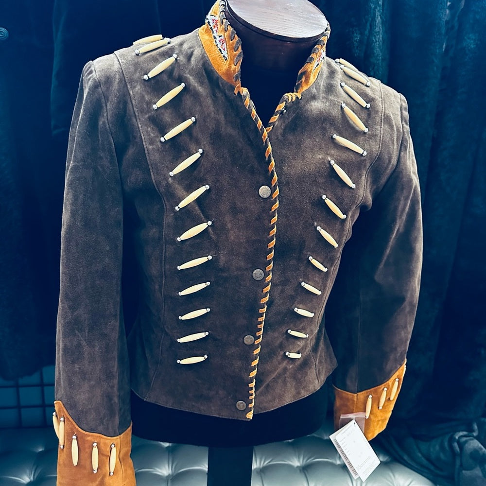 3B West by Tansmith Vintage Suede Leather Jacket w/ Beaded Collar and Bone Beads