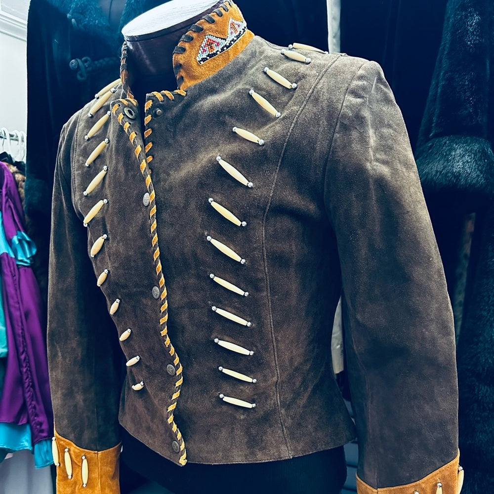 3B West by Tansmith Vintage Suede Leather Jacket w/ Beaded Collar and Bone Beads
