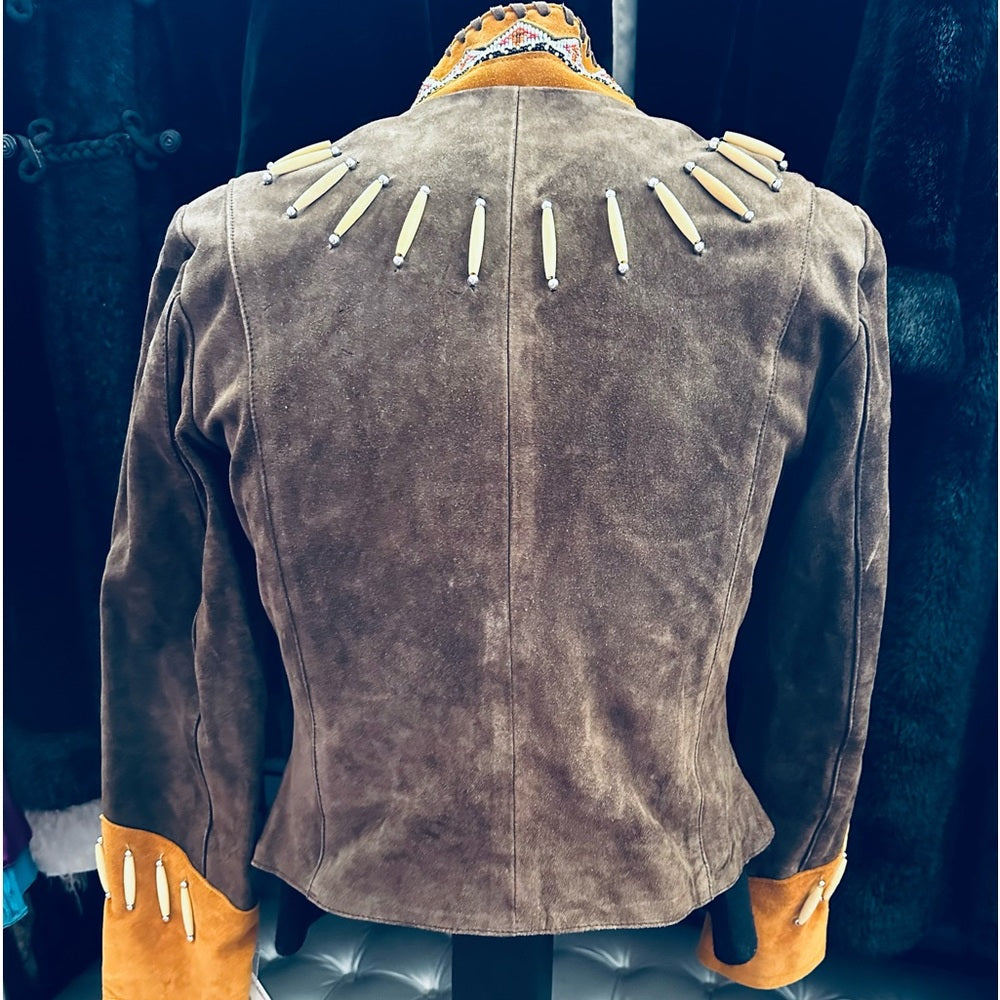 3B West by Tansmith Vintage Suede Leather Jacket w/ Beaded Collar and Bone Beads