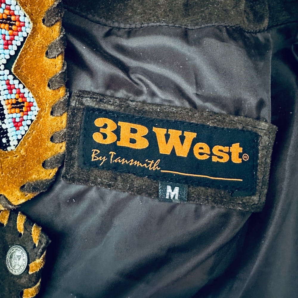 3B West by Tansmith Vintage Suede Leather Jacket w/ Beaded Collar and Bone Beads