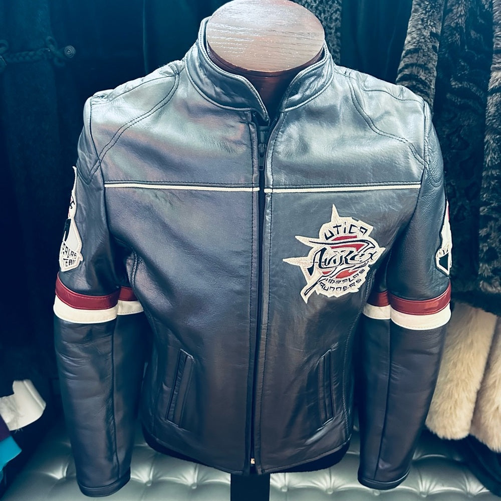 Avirex RARE Vintage Utica Impalas Runners Rounded Collar Gray Leather Jacket