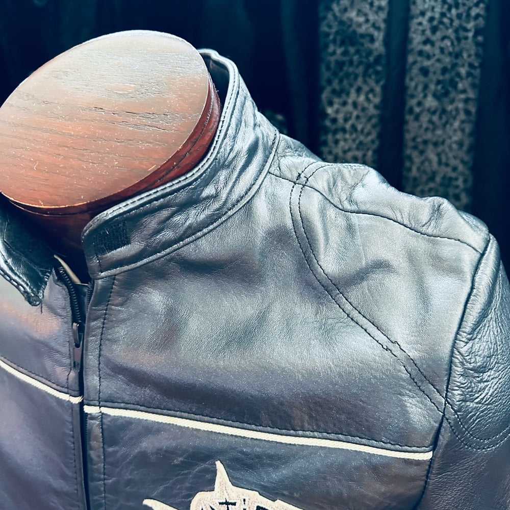 Avirex RARE Vintage Utica Impalas Runners Rounded Collar Gray Leather Jacket