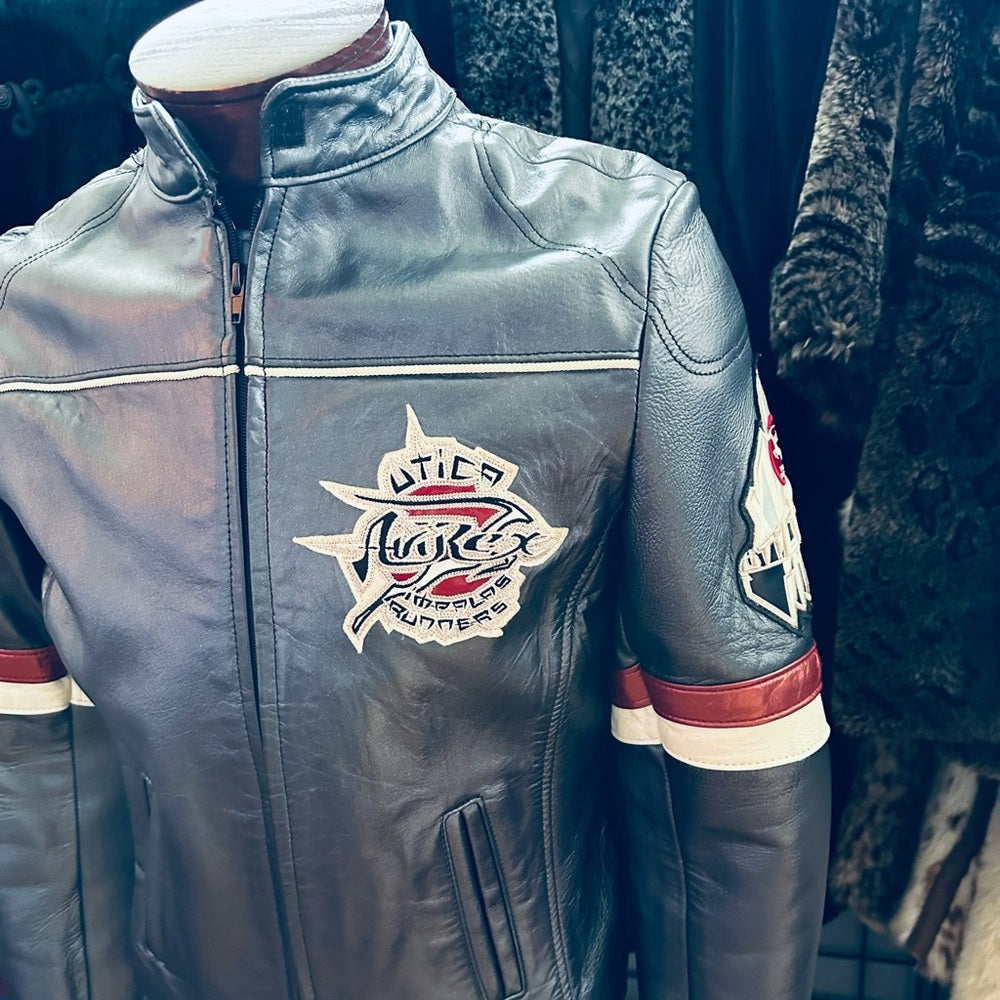 Avirex RARE Vintage Utica Impalas Runners Rounded Collar Gray Leather Jacket