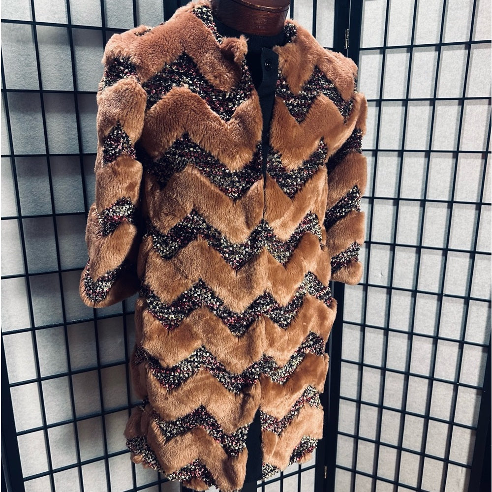 AINEA Metallic Bouclé-trimmed Faux Fur Coat Chevron Pattern