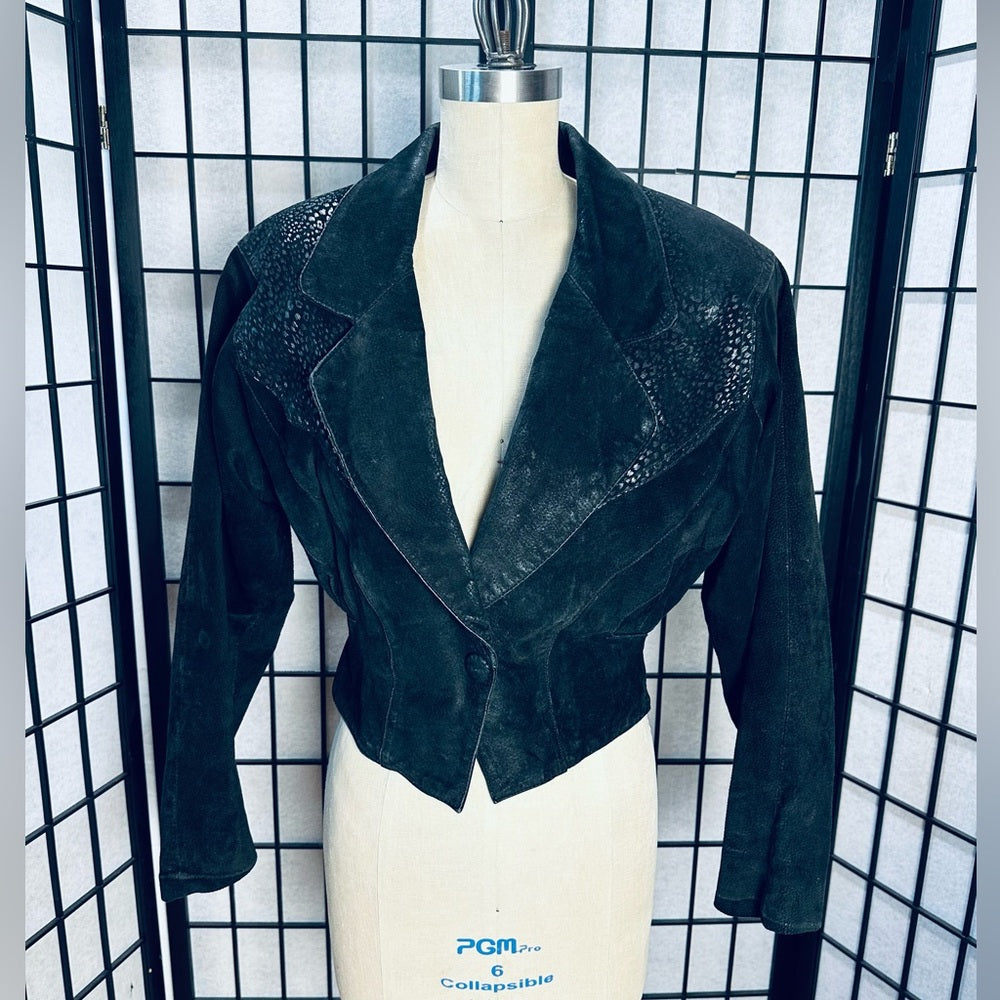 CHIA Vintage Black Suede Leather Cropped Jacket