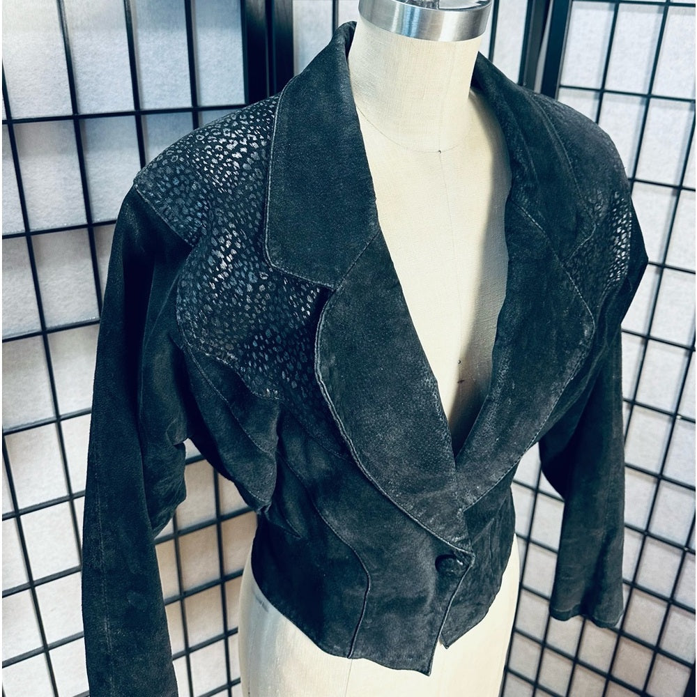 CHIA Vintage Black Suede Leather Cropped Jacket