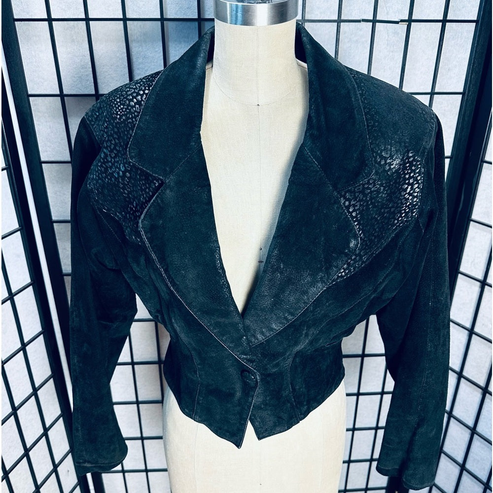 CHIA Vintage Black Suede Leather Cropped Jacket