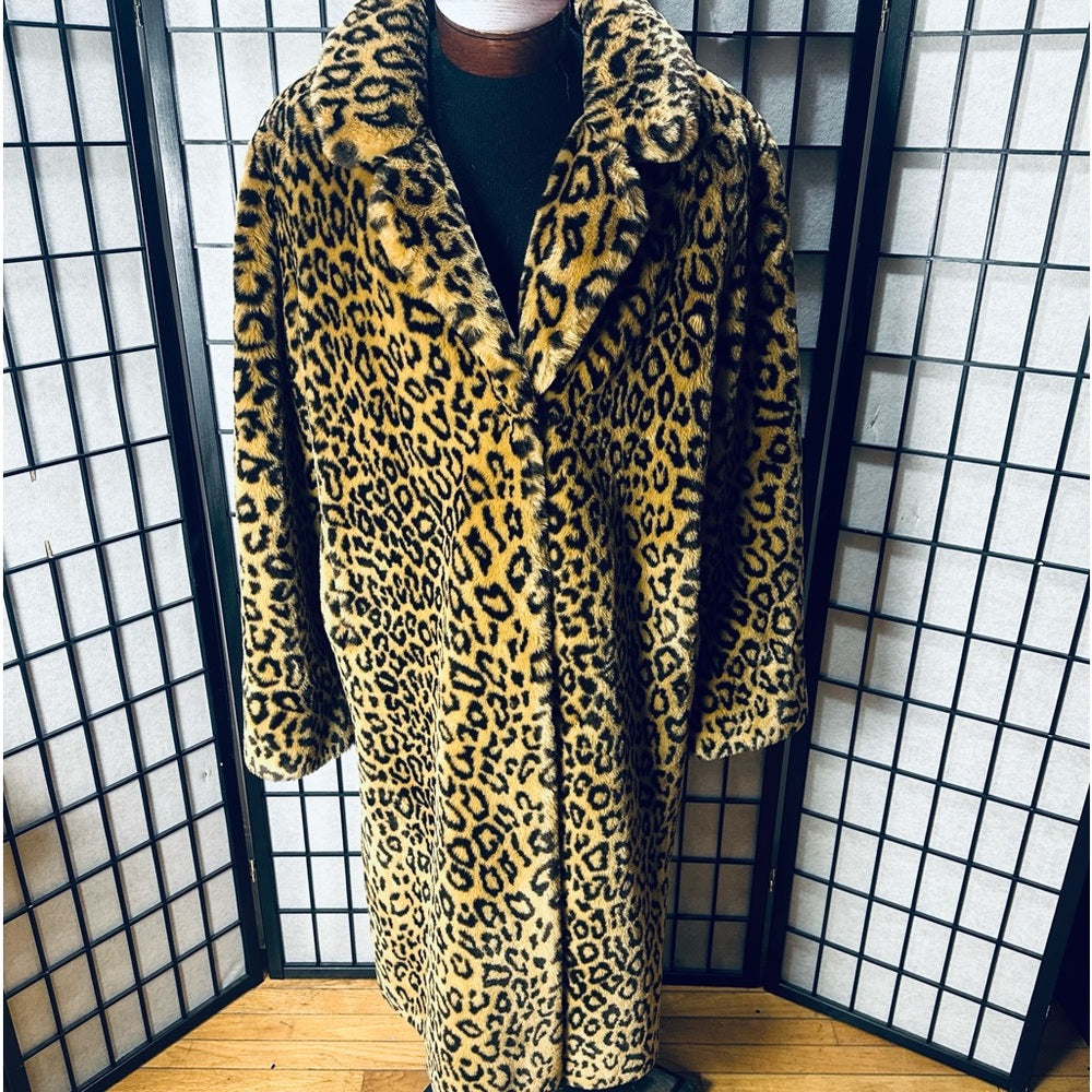 Dennis Basso Full Length Luxury Leopard Print Faux Fur Coat - L