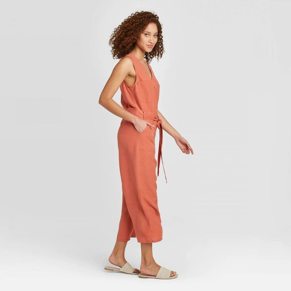 A NEW DAY WOMEN'S SLEEVELESS LINEN JUMPSUIT WITH BELT - New!