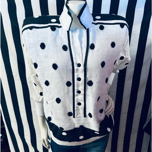 Side Effects 80s Vintage Cotton Knit / Linen Polka Dot Shoulder Pad Cardigan
