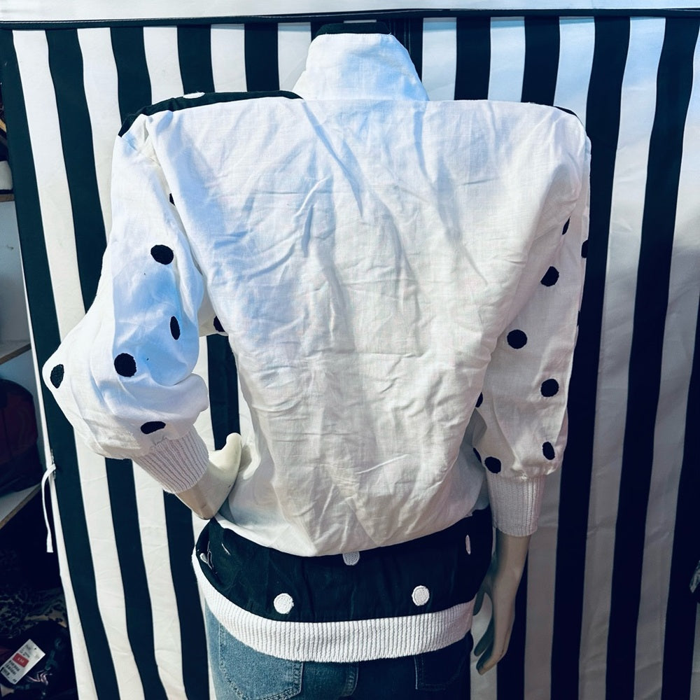 Side Effects 80s Vintage Cotton Knit / Linen Polka Dot Shoulder Pad Cardigan