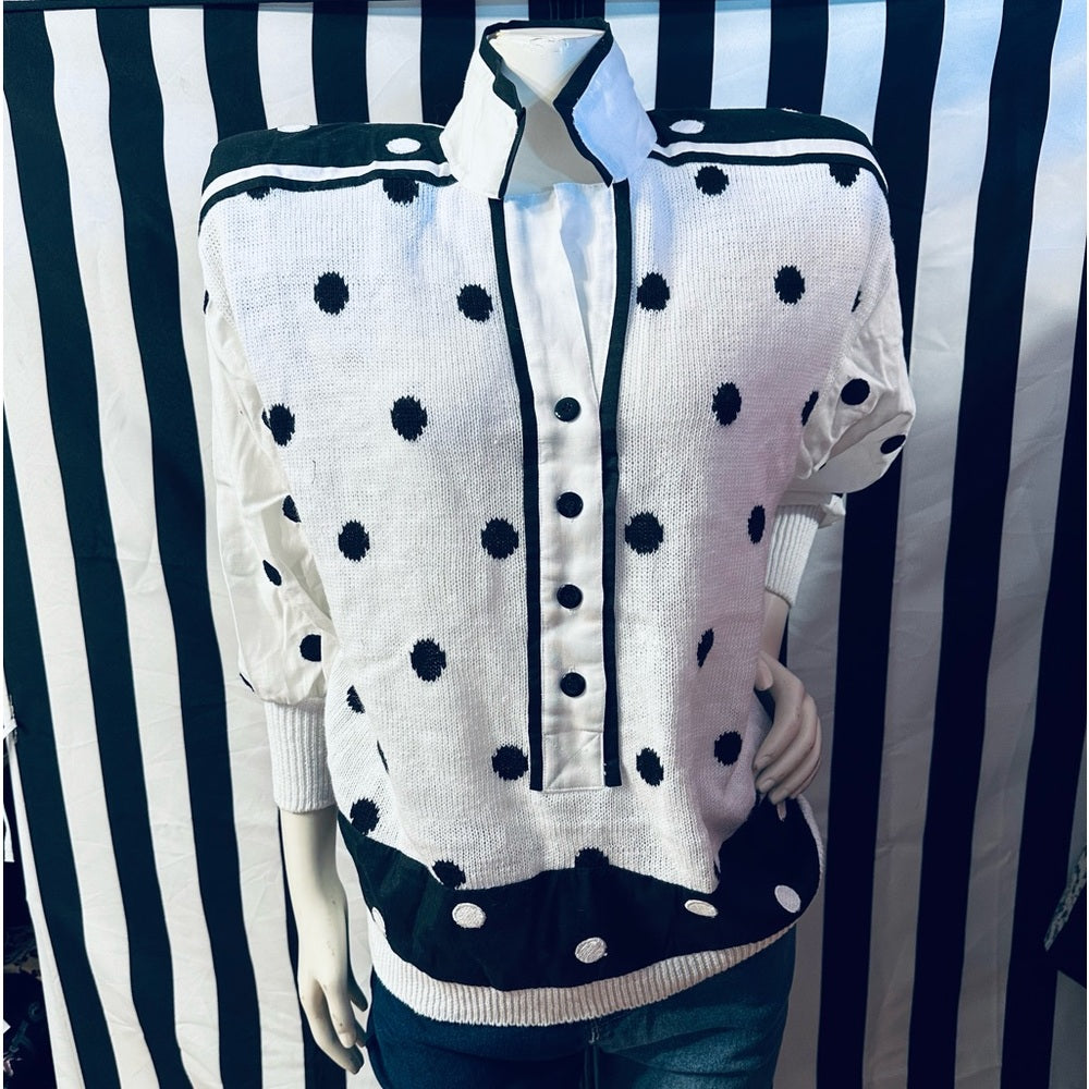 Side Effects 80s Vintage Cotton Knit / Linen Polka Dot Shoulder Pad Cardigan