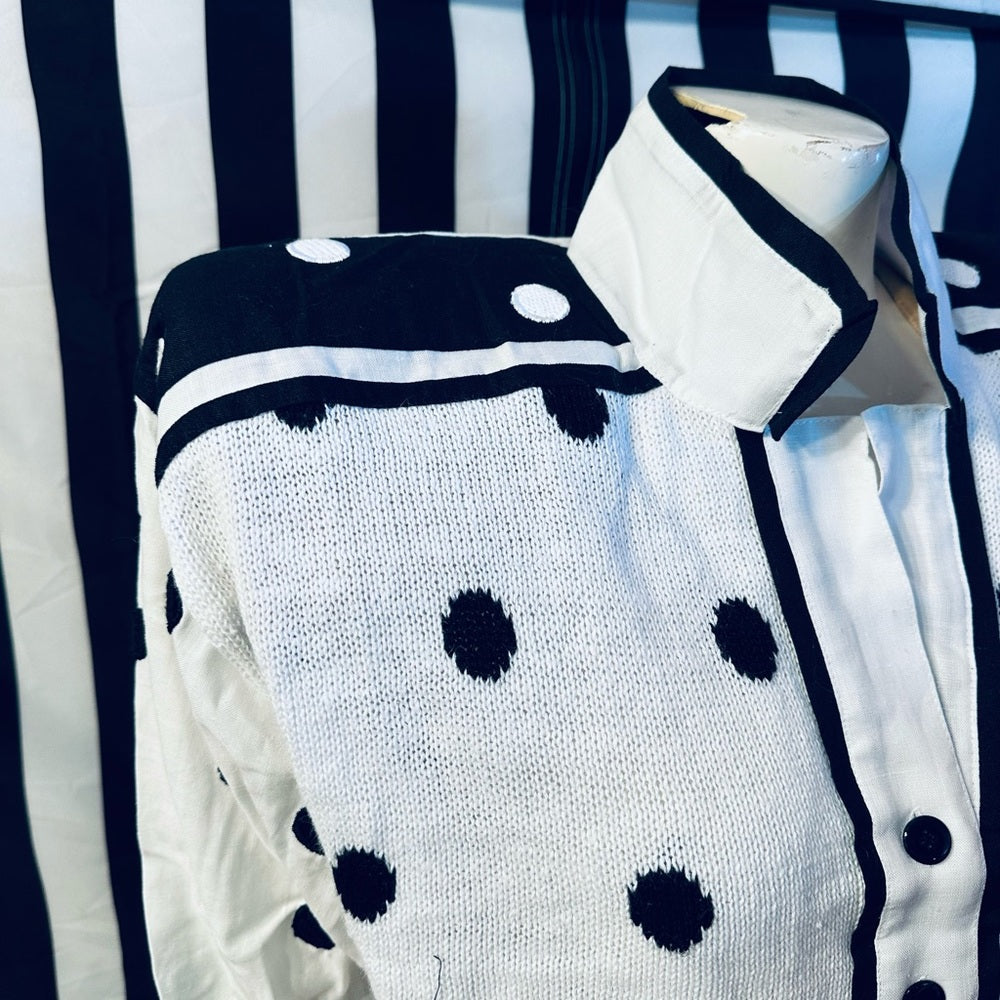 Side Effects 80s Vintage Cotton Knit / Linen Polka Dot Shoulder Pad Cardigan