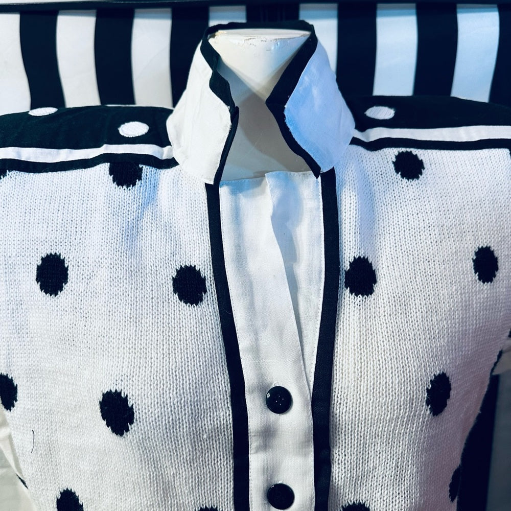 Side Effects 80s Vintage Cotton Knit / Linen Polka Dot Shoulder Pad Cardigan