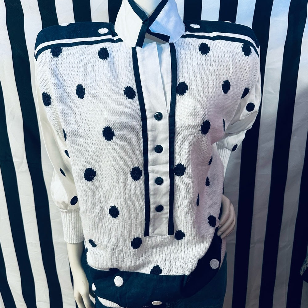 Side Effects 80s Vintage Cotton Knit / Linen Polka Dot Shoulder Pad Cardigan