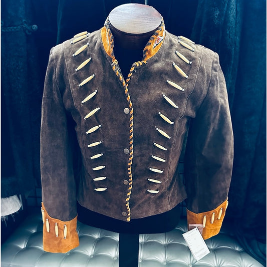 3B West by Tansmith Vintage Suede Leather Jacket w/ Beaded Collar and Bone Beads