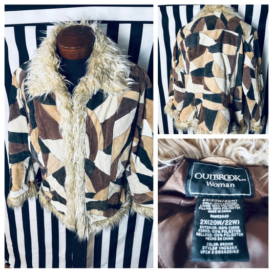 Outbrook Woman Vintage Patchwork Leather Penny Lane Coat Style Faux Fur Trim