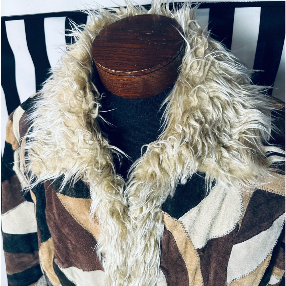 Outbrook Woman Vintage Patchwork Leather Penny Lane Coat Style Faux Fur Trim
