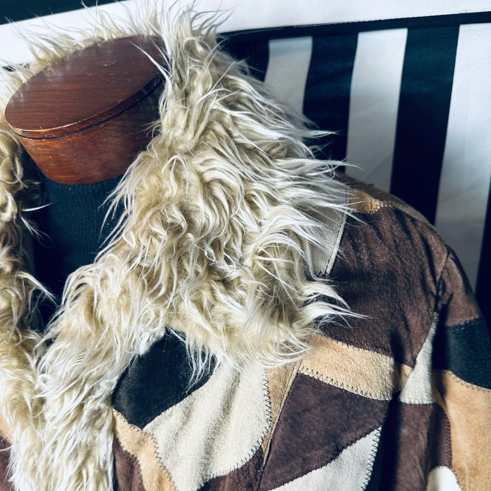 Outbrook Woman Vintage Patchwork Leather Penny Lane Coat Style Faux Fur Trim