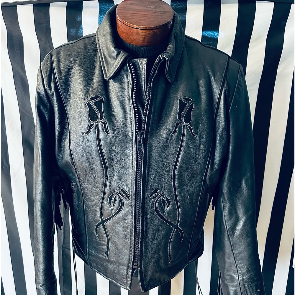B.I.E. Custom Leather Coats Vintage Fringe Jacket w/ Black Suede Inlaid Roses