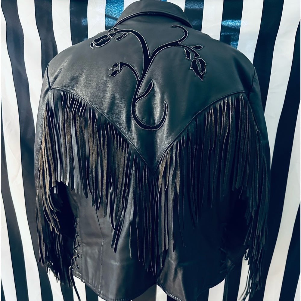B.I.E. Custom Leather Coats Vintage Fringe Jacket w/ Black Suede Inlaid Roses