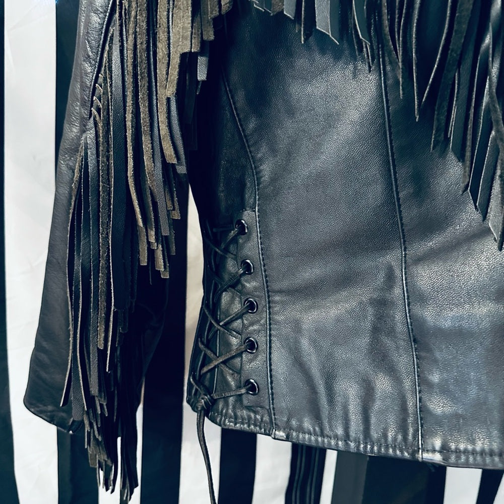 B.I.E. Custom Leather Coats Vintage Fringe Jacket w/ Black Suede Inlaid Roses