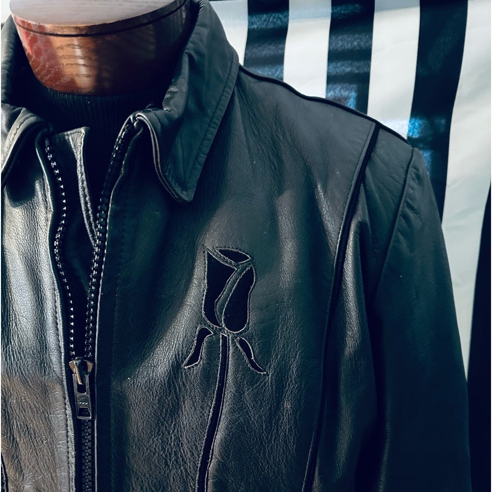 B.I.E. Custom Leather Coats Vintage Fringe Jacket w/ Black Suede Inlaid Roses