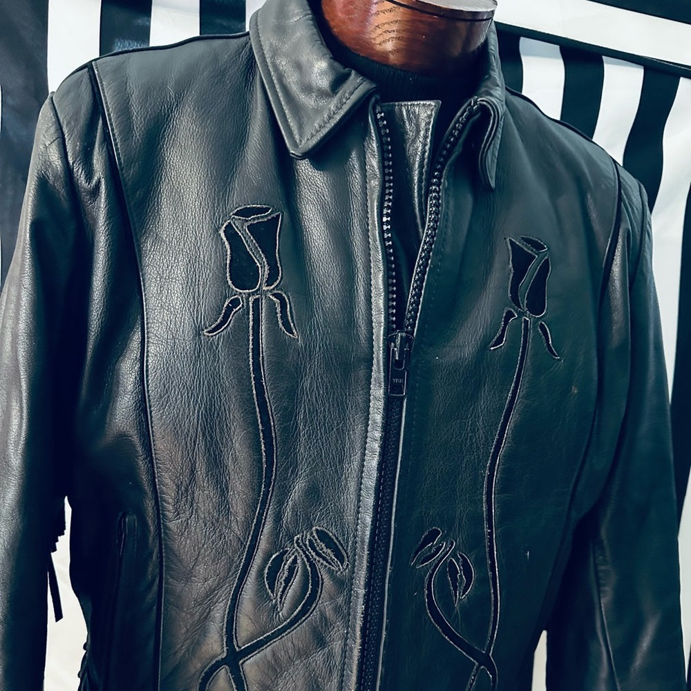 B.I.E. Custom Leather Coats Vintage Fringe Jacket w/ Black Suede Inlaid Roses