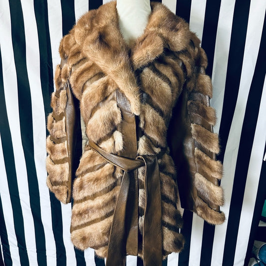 Adell Furs Vintage Chevron Pattern Mink & Leather Coat w2 Waist Tie