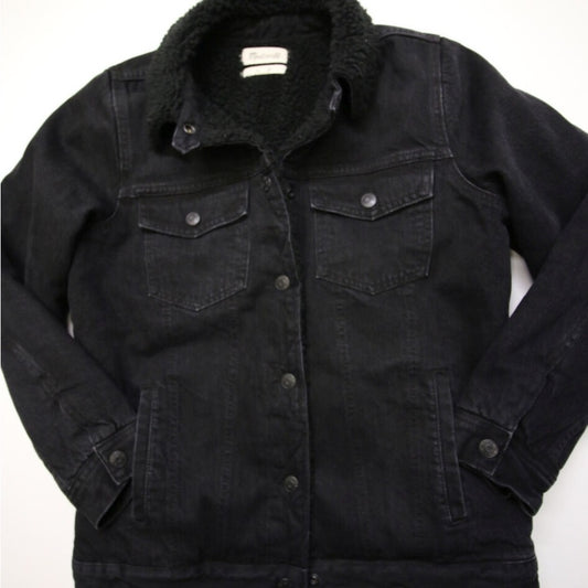 Madewell Women's Oversized Black Denim Jean Pile Sherpa Trucker Jacket
