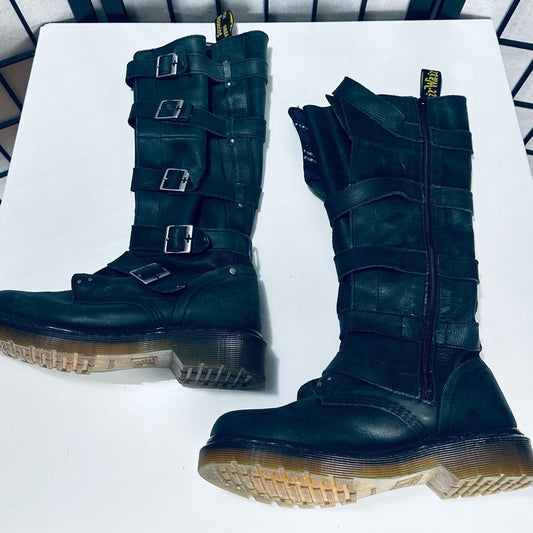 Dr Martens Phina Black Leather Buckle Strap RARE Tall Combat Boots