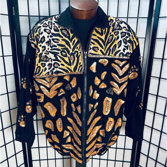 Modi Denim Vintage 80s Tight Sequin Multi Animal Print Jacket