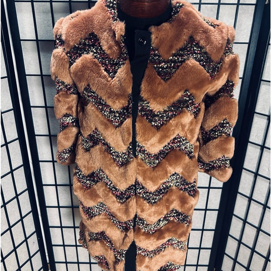 AINEA Metallic Bouclé-trimmed Faux Fur Coat Chevron Pattern