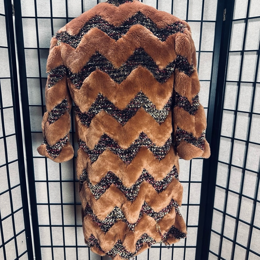 AINEA Metallic Bouclé-trimmed Faux Fur Coat Chevron Pattern