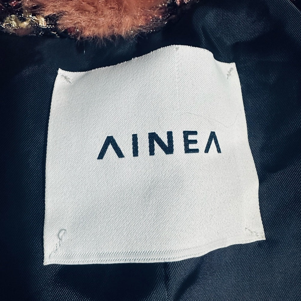 AINEA Metallic Bouclé-trimmed Faux Fur Coat Chevron Pattern