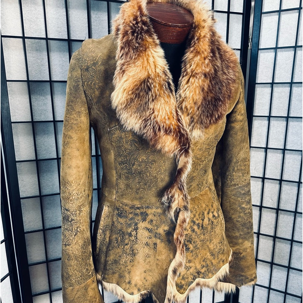 Roberto Cavalli x Saks Fifth Avenue Vintage Sheepskin Shearling Coat Fox Collar