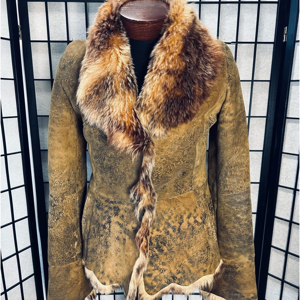Roberto Cavalli x Saks Fifth Avenue Vintage Sheepskin Shearling Coat Fox Collar