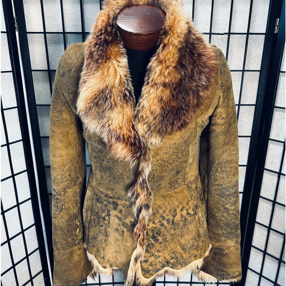 Roberto Cavalli x Saks Fifth Avenue Vintage Sheepskin Shearling Coat Fox Collar