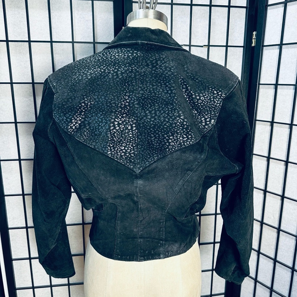 CHIA Vintage Black Suede Leather Cropped Jacket