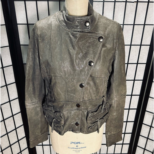Haute Hippie Rounded Collar Zipper & Button Front Leather Jacket Asymmetric Flap