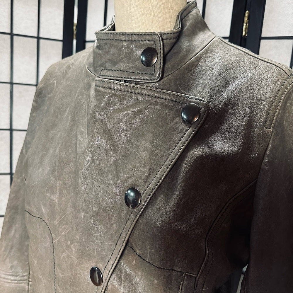 Haute Hippie Rounded Collar Zipper & Button Front Leather Jacket Asymmetric Flap