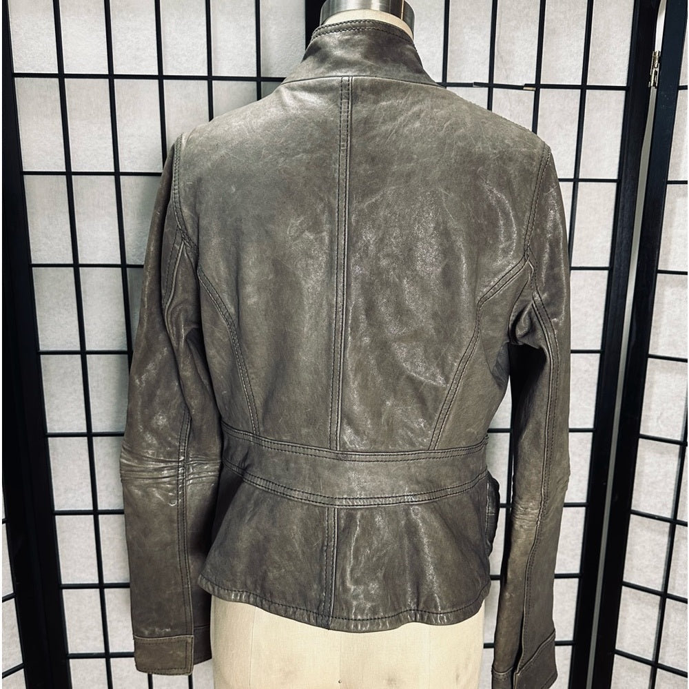 Haute Hippie Rounded Collar Zipper & Button Front Leather Jacket Asymmetric Flap