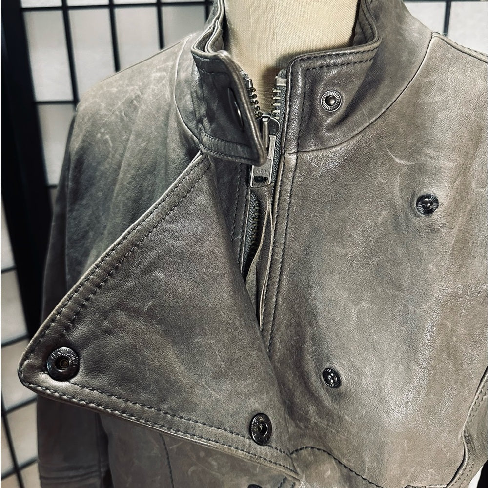 Haute Hippie Rounded Collar Zipper & Button Front Leather Jacket Asymmetric Flap
