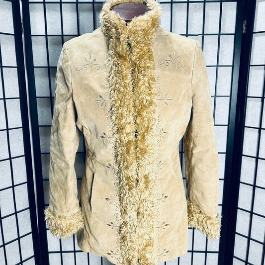 Outbrook Super Cute Vintage Embroidered Leather Faux Fur Trim Penny Lane Coat