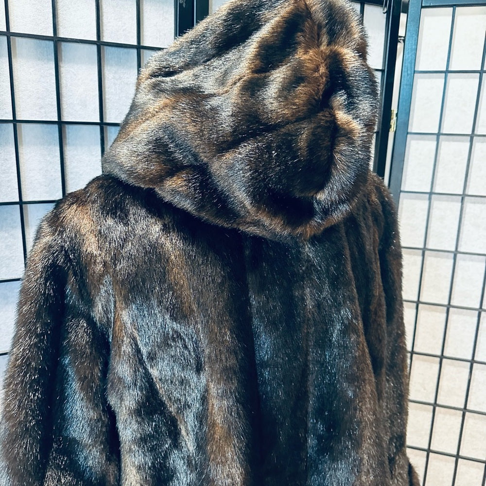 Pamela McCoy Faux Mink Fur Hooded 3/4 Length Coat