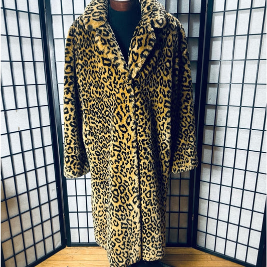 Dennis Basso Full Length Luxury Leopard Print Faux Fur Coat - L